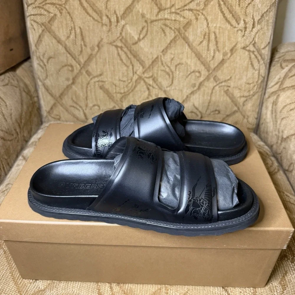 Burberry London England EKD Embossed Leather Slides Black Men's Size US 7 UK 6